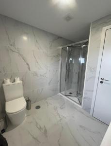 a white bathroom with a shower and a toilet at O Pôr do Sol do Gerês in Paradela +12 photos
