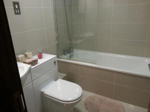 a bathroom with a toilet and a tub and a sink at Epsom Road studio flat in Croydon