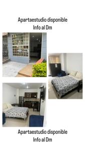 un collage de tres fotos de una cama en una habitación en Apartaestudio cerca a Plaza Mayor, en Medellín