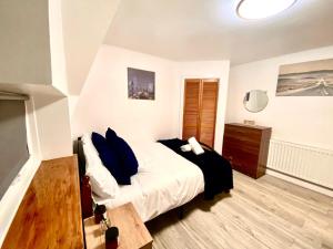 a bedroom with a bed with blue pillows at Cozy One Bedroom Apartment With Free Car Park In London in London