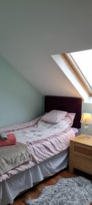 a bedroom with a bed and a lamp on a table at Cute loft apartment sleeps 4 in Antrim