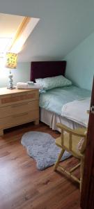 a bedroom with a bed and a dresser with a lamp at Cute loft apartment sleeps 4 in Antrim