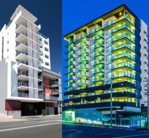 a rendering of a apartment building and a building at Pavillion on Brookes in Brisbane