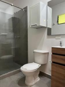 uma casa de banho com um WC e uma cabina de duche em vidro. em Hotel Suites Cristo Rey em Cali