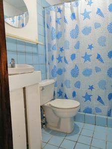 a blue bathroom with a toilet and a shower curtain at rooms megi terminal in Cahuita