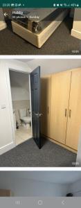 twee foto's van een badkamer met een deur open bij Northampton town in Kingsthorpe
