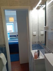 uma casa de banho com um lavatório e um espelho em Chalas bedroom na Nazaré