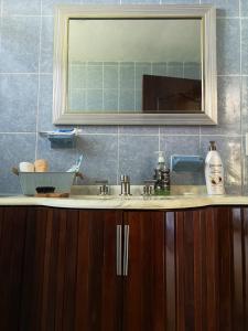 eine Badezimmertheke mit einem Waschbecken und einem Spiegel in der Unterkunft Casa de campo en Teziutlán, Puebla. in Teziutlán