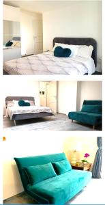 2 Bilder eines Schlafzimmers mit einem grünen Bett in der Unterkunft Chic in Fiumicino