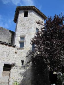 un bâtiment en pierre avec un arbre en face dans l'établissement Chambre d'Hôtes La Tour de Brazalem, à Nérac