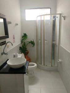 Hotel y Restaurante Casa Medina في La Plata: حمام مع دش ومغسلة ومرحاض