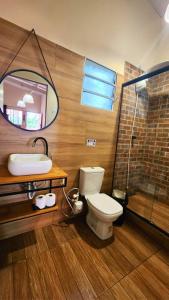 a bathroom with a toilet and a sink and a mirror at Pousada Villa Bergamin in Monte Verde