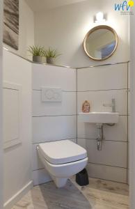a bathroom with a white toilet and a sink at Fischerhus Ferienhaus Fischerhus Wangerooge in Wangerooge