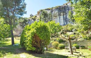 a garden with a tree and a rock formation at Les Lauriandes in Les Baux-de-Provence
