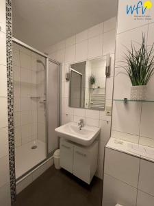 ボルクムにあるFerienhaus Seeblick Ferienwohnung 53の洗面台とシャワー付きの白いバスルーム