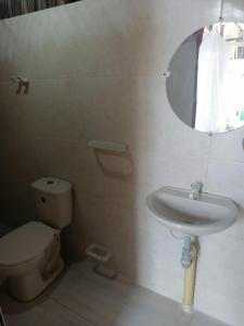 W łazience znajduje się toaleta, umywalka i lustro. w obiekcie Cabaña Beach Palomino w mieście Palomino