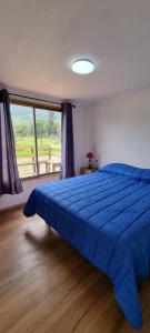 a bedroom with a blue bed and a large window at Refugio Pucalan Lodge in Puchuncaví