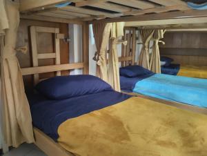 2 Etagenbetten in einem Zimmer mit blauen Kissen in der Unterkunft Hostal CasAlé Usaquén in Bogotá