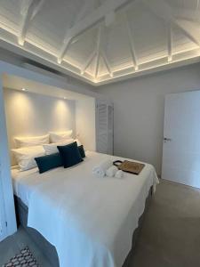 una camera da letto con un grande letto bianco con cuscini blu di Appartement 2 chambres en plein cœur de St Jean a Saint Barthelemy