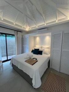 a bedroom with a large white bed with blue pillows at Appartement 2 chambres en plein cœur de St Jean in Saint Barthelemy