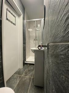 a bathroom with a shower and a sink at Beautiful cottage in tranquil location with large garden in Woolacombe