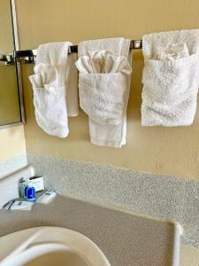 three towels hanging on a towel rack above a toilet at Rodeway Inn Boardman - Hermiston in Boardman
