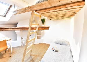 a loft bed in a tiny room with a desk at SURF HOSTEL BIARRITZ in Biarritz