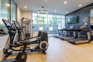 un gimnasio con cintas de correr y máquinas elípticas en Delta Hotels by Marriott Raleigh-Durham at Research Triangle Park en Durham