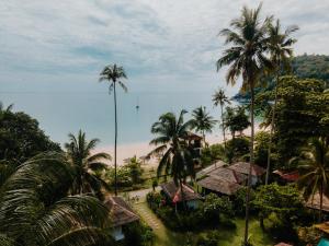 Blick auf einen Strand mit Palmen und Häusern in der Unterkunft 1511 Coconut Grove in Tioman Island