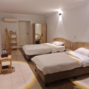 een slaapkamer met 2 bedden en een lampje aan de muur bij Hermes Country Club in Beykoz