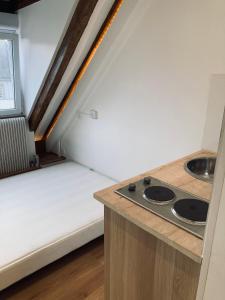Una pequeña cocina con una cama en una habitación en Strasbourg quartier de l’orangerie, en Estrasburgo