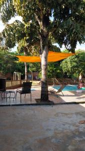 a yellow umbrella sitting next to a tree next to a pool at Chácara Santa Rita de Cássia in Descalvado