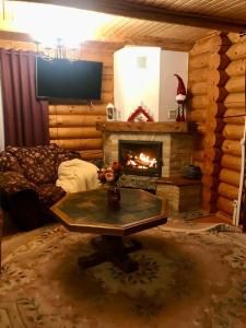 a living room with a fireplace and a table at Cottage PolyaNitsa окремий котедж з каміном in Bukovel