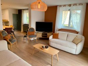 a living room with a couch and a tv at Le Spanorama; gîte premium in Vincelles
