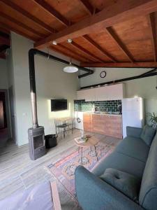 a living room with a couch and a stove at Gökler Çiftliğinde Ekolojik Tatil in Foca