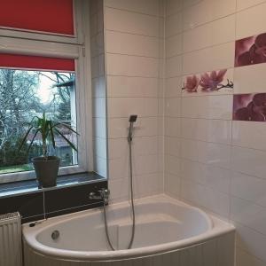 een badkamer met een bad en een raam bij Penthouse Noe in Kluczbork