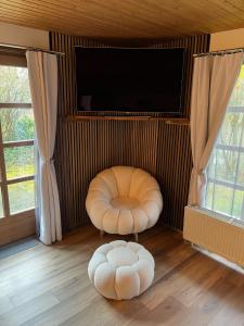 sala de estar con silla y TV de pantalla plana en Ferienhaus 39 Kratzmühle Altmühlthal, en Kinding