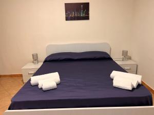 een slaapkamer met een blauw bed met 2 witte kussens bij Residence Il Pantheon - Artemide in Marina di Fuscaldo