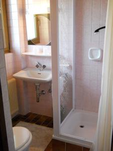 Un baño con ducha, lavabo e inodoro. en Haus Stratton, en Innsbruck 18 fotos más