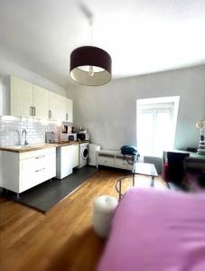 a white kitchen with a sink and a counter at Mini Flat Paris Neuilly La Défense in Neuilly-sur-Seine