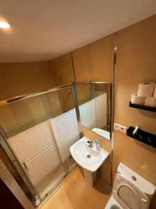 uma pequena casa de banho com lavatório e WC em Apartament l'Empalme d'Àger em Àger