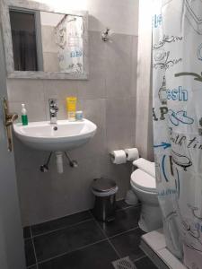 a bathroom with a sink and a toilet and a mirror at COSY Living Apartment 1 in Kos Town