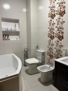 a bathroom with a tub and a toilet and a sink at Pensiunea Baroc in Braşov