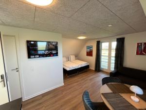 ein Wohnzimmer mit einem Bett und einem TV an der Wand in der Unterkunft Go-Sleep Bredehus in Bredsten
