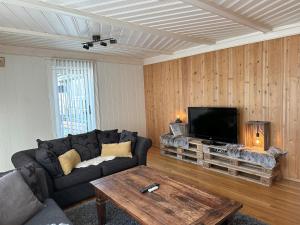 a living room with a couch and a flat screen tv at Stort hus sentralt i Lillehammer in Lillehammer