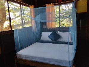 Cama en habitación con dosel azul en Bliss Accommodation en Malaybalay