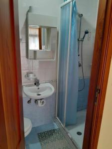 y baño con lavabo, aseo y ducha. en Seafront akwador en Il-Ħamrija