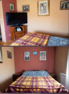 two pictures of a bed in a room at Vila Marija in Podgorica