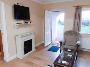 a living room with a fireplace and a tv at Robins Roost Cornamona in Cornamona