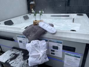 a washing machine with a sink and towels on it at Haus Plattenbichlstraße - Ferienhäuser Alpenglück in Oberstdorf +15 photos